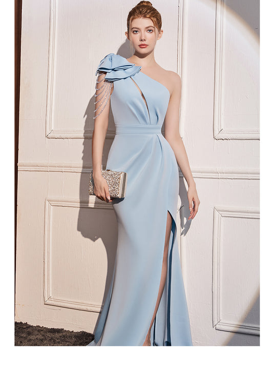 One-Shoulder Draped Gown with Pearl Chains