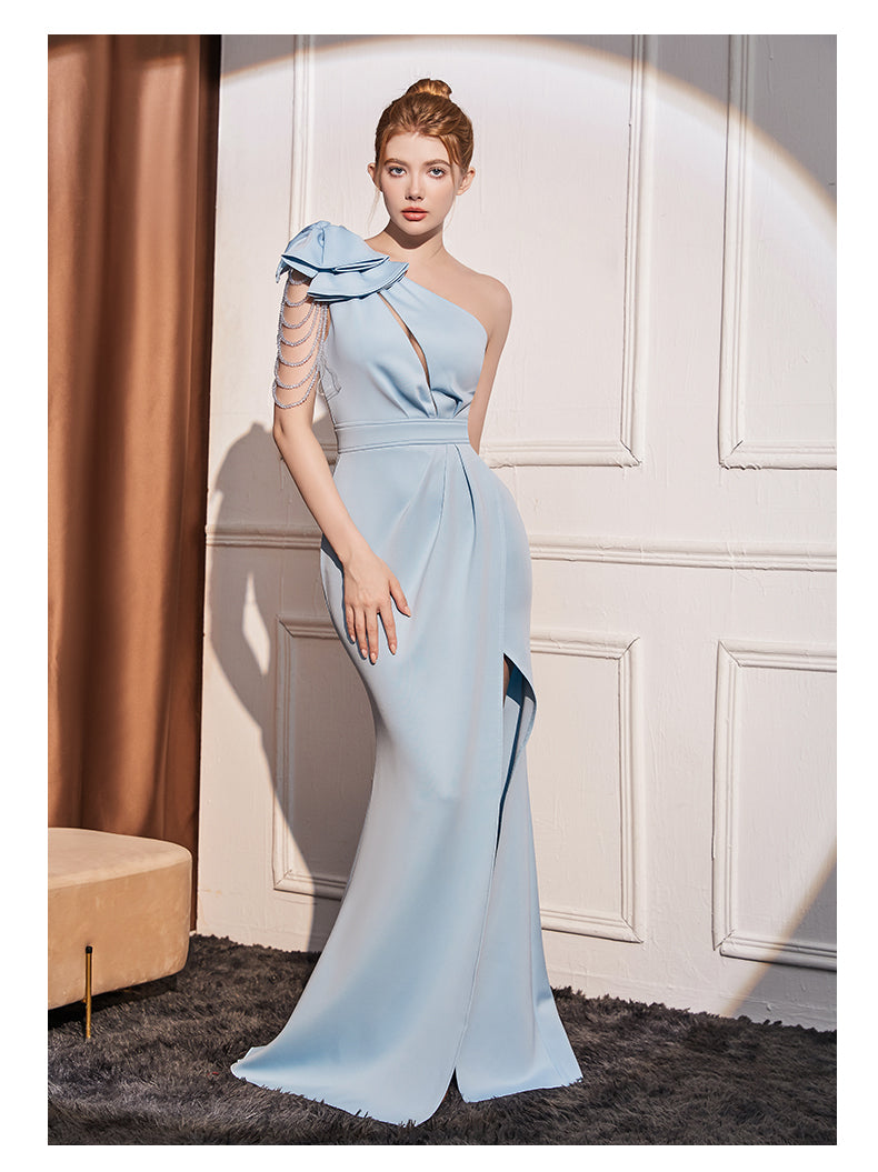 One-Shoulder Draped Gown with Pearl Chains
