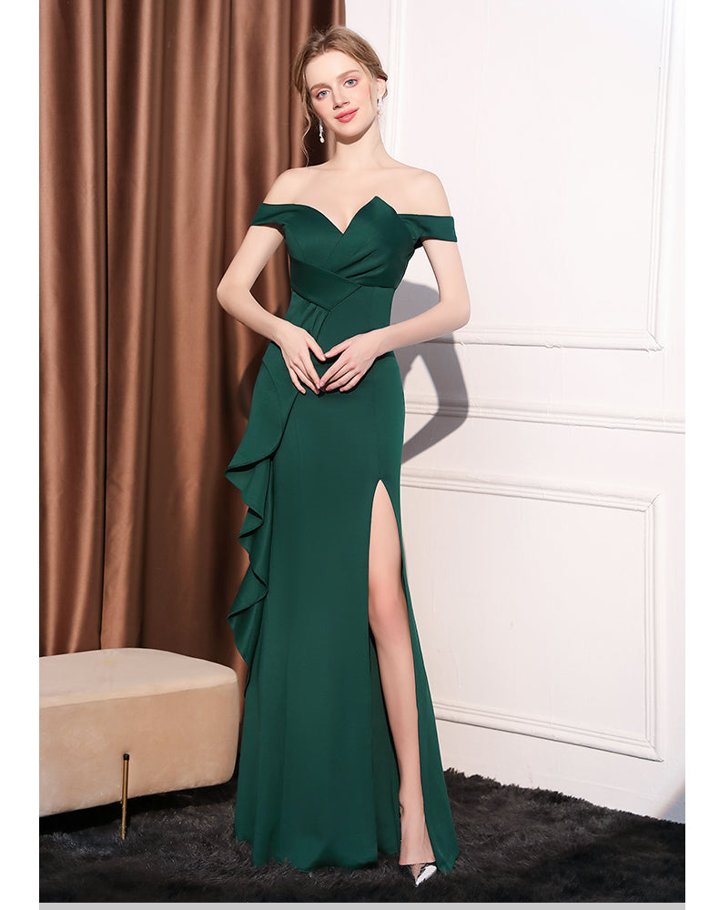 Emerald Ruffle Off-Shoulder Gown
