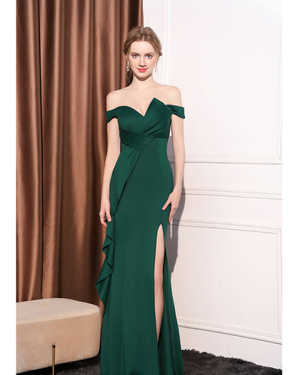 Emerald Ruffle Off-Shoulder Gown