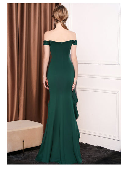 Emerald Ruffle Off-Shoulder Gown