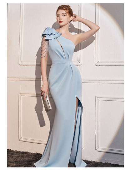 One-Shoulder Draped Gown with Pearl Chains