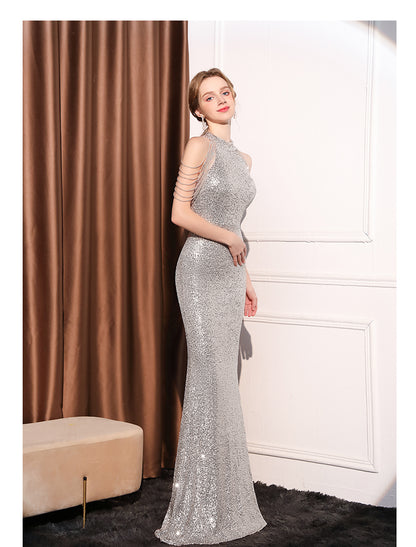 Crystal Embellished Cold-Shoulder Evening Gown