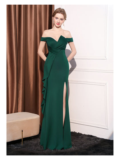 Emerald Ruffle Off-Shoulder Gown