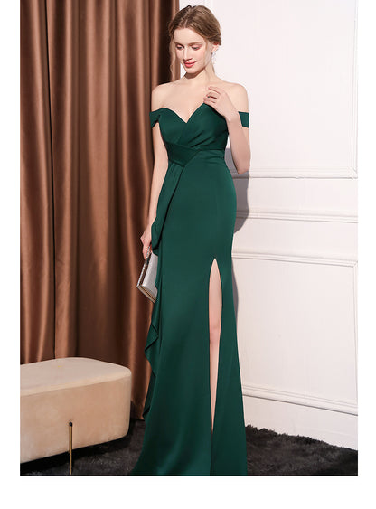 Emerald Ruffle Off-Shoulder Gown