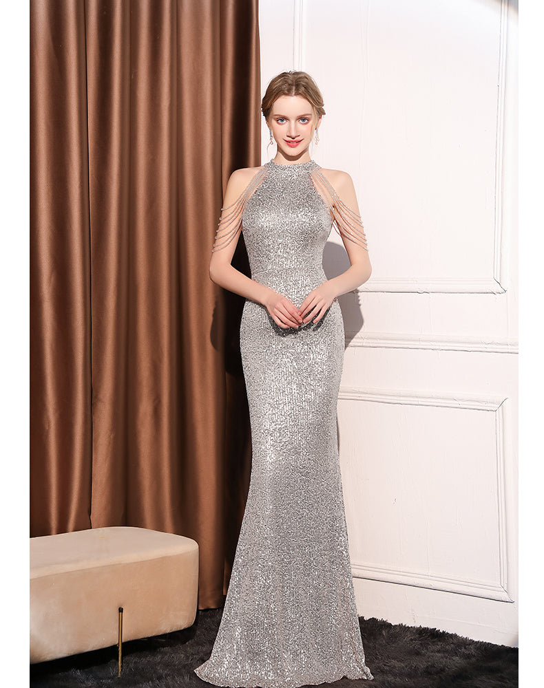Crystal Embellished Cold-Shoulder Evening Gown
