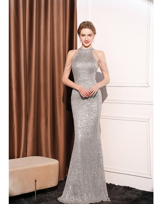 Crystal Embellished Cold-Shoulder Evening Gown