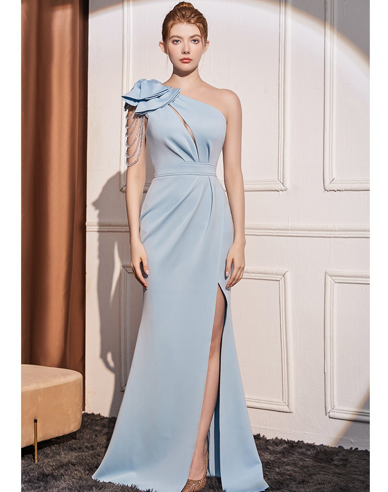 One-Shoulder Draped Gown with Pearl Chains
